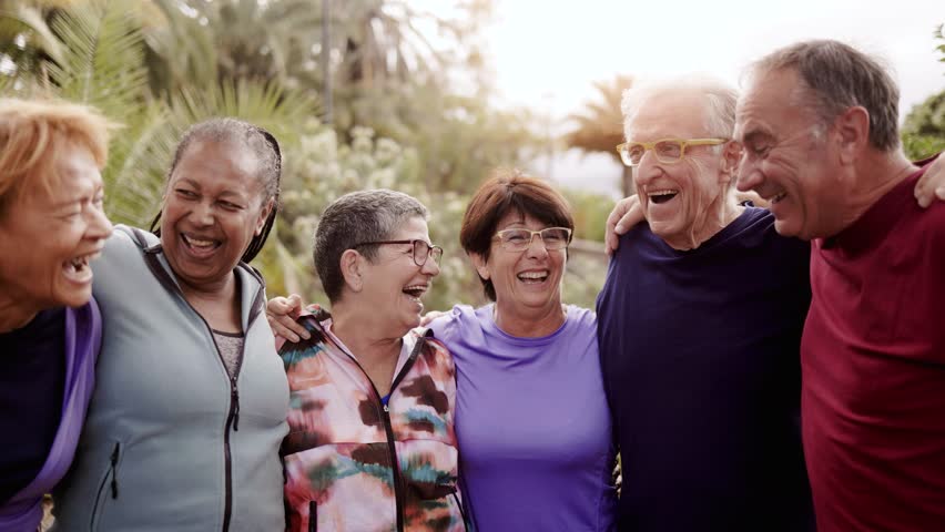 Senior people friends having fun together after exercise sport workout outdoors at park city - Joyful elderly friendship community Royalty-Free Stock Footage #1101936017