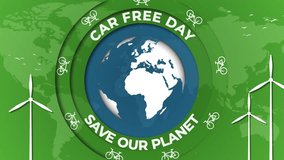 Car free day. Graphic animation with the planet Earth rotating. Bicycle and windmill icons on a green background with a world map. Looped video. Save our planet.