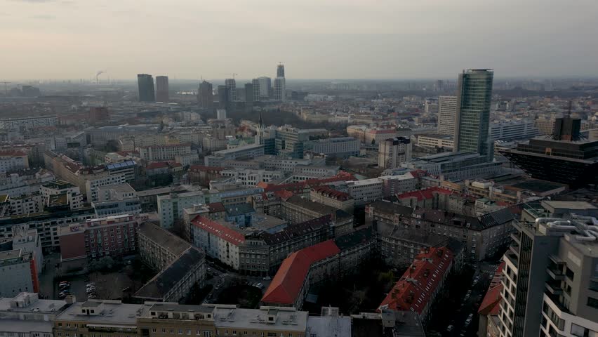 Cityscape view of Bratislava with lots of skyscrapers in the center, Slovakia 4k
