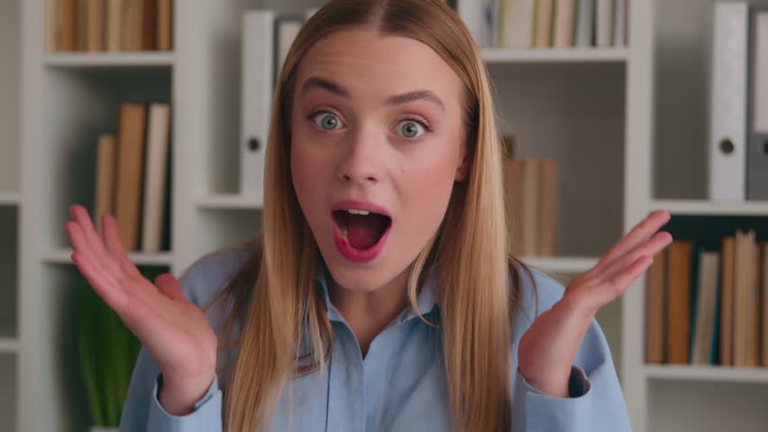 Close up business Caucasian woman amazed surprised shocked student girl happy excited businesswoman astonish female in office open mouth shock surprise wonder good news winning victory achievement Royalty-Free Stock Footage #1101936727