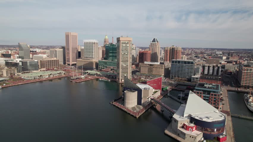 Historic waterfront area in Baltimore, MD. 4K aerial clip.