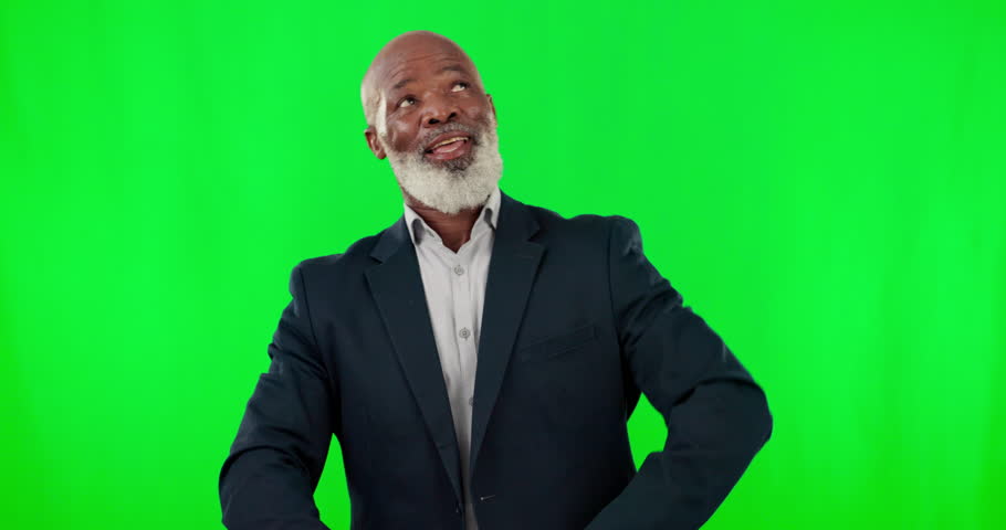 Showing, face and a black man pointing on a green screen isolated on a studio background. Happy, looking and portrait of a senior African person gesturing to mockup space on a chromakey backdrop