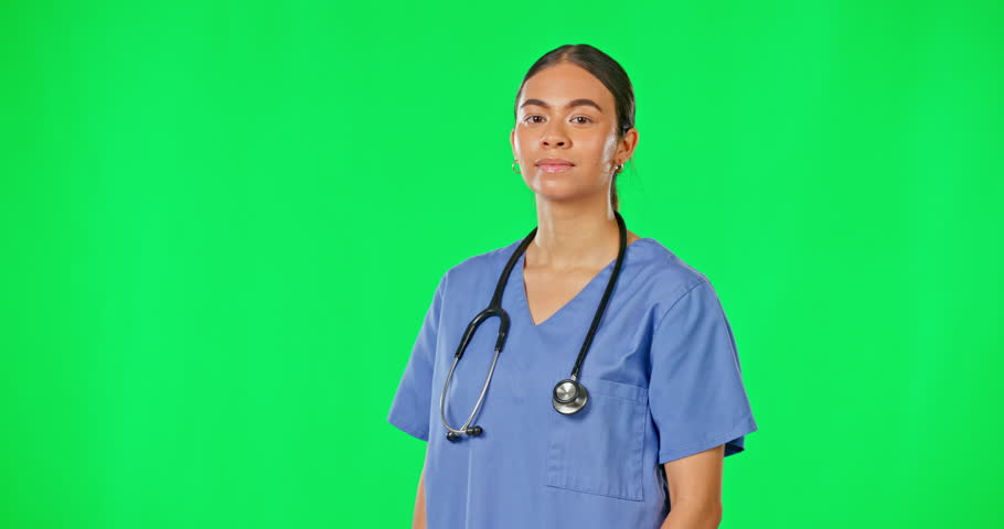 Healthcare, green screen and woman doctor pointing at advice, information or health announcement. Help, medicine and hispanic medical professional presentation of hospital info on studio background. | Shutterstock HD Video #1101939449