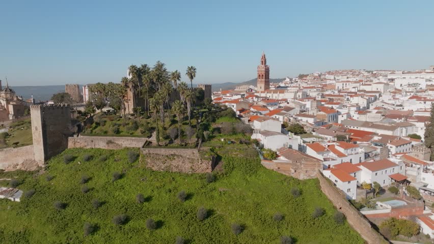A park view with palm trees at Alcazaba de Jerez de Los Caballeros, overlooking Badajoz, Extremadura, Spainish town in spain