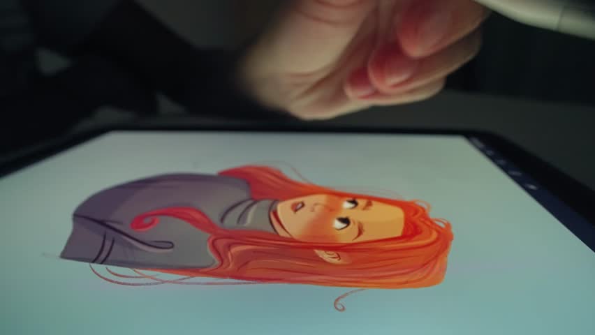 Digital artist draw pc tablet close up. Designer paint red head girl pic. Illustrator use ipad stylus pen. Pad user develop art skill. Person make work app. Hand hold color pencil. Woman game logotype Royalty-Free Stock Footage #1101943381