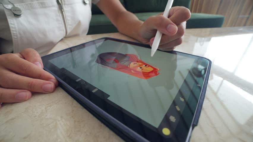 Digital artist draws pc tablet close up. Designer paints red head girl pic. Illustrator use ipad stylus pen. Pad user develop art skill. Person make work app. Hand hold color pencil. Woman draws game. Royalty-Free Stock Footage #1101943383