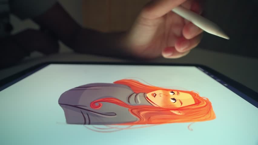 Digital artist draws pc tablet close up. Designer paints red head girl pic. Illustrator use ipad stylus pen. Pad user develop art skill. Person make work app. Hand hold color pencil. Woman draws game. Royalty-Free Stock Footage #1101943399