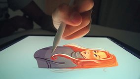 Digital artist draws pc tablet close up. Designer paints red head girl pic. Illustrator use ipad stylus pen. Pad user develop art skill. Person make work app. Hand hold color pencil. Woman draws game. - Powered by Shutterstock - Get 15% off with code: PIKWIZARD15