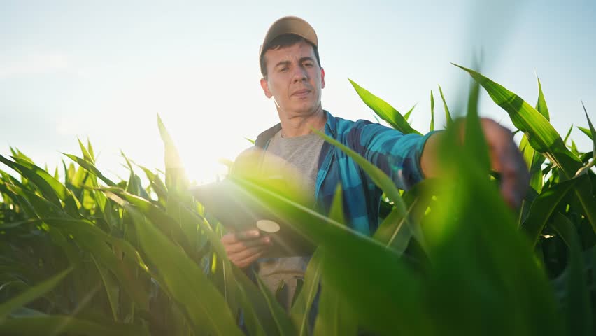 farmer in corn. agriculture business cornfield concept. man farmer with digital tablet working in corn field at sunset. farmer examining nature corn crop lifestyle. agriculture natural products Royalty-Free Stock Footage #1101944801
