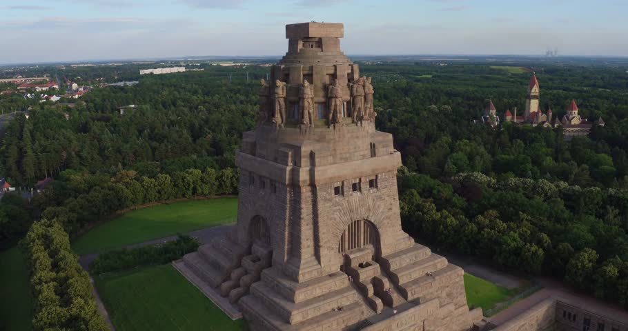 The monument to the battle of nations in Leipzig. Drone move back