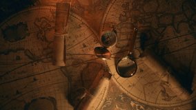 Compass and magnifier on a old vintage world map with countries and continents. Retro style. Concept of geography or global history and cartography. Wars of conquest and navigation. 4K ProRes - Powered by Shutterstock - Get 15% off with code: PIKWIZARD15