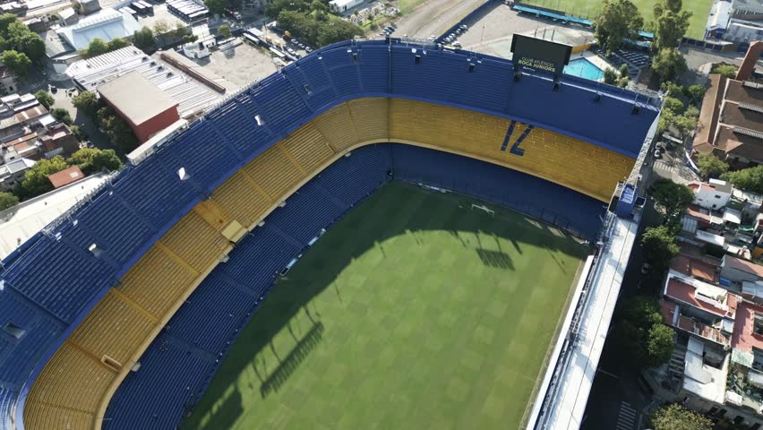 Aerial Drone Fly Above La Bombonera Football Stadium in La Boca, Buenos Aires, Argentina during Summer Daylight Royalty-Free Stock Footage #1101948897