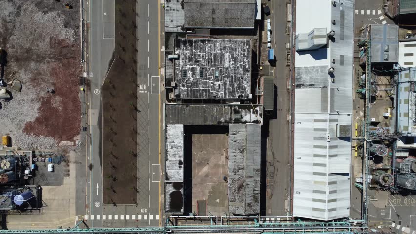 Aerial view of industrial brewery warehousing and plant