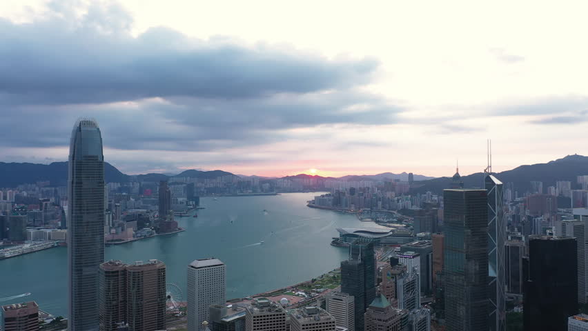 Aerial View Sunrise of the Hong Kong City Skyline with twilight. Beautiful city in the morning. 