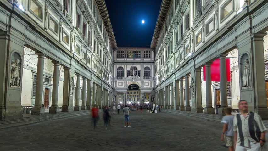 Uffizi Gallery timelapse hyperlapse. Prominent art museum located adjacent to Piazza della Signoria in central Florence, region of Tuscany, Italy. Night illumination of buildings Royalty-Free Stock Footage #1101955093
