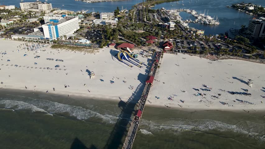 Aerial view of a pier in Clearwater Beach, Florida.