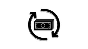 Black Refund money icon isolated on white background. Financial services, cash back concept, money refund, return on investment, savings account. 4K Video motion graphic animation.