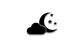 Black Cloud with moon and stars icon isolated on white background. Cloudy night sign. Sleep dreams symbol. Night or bed time sign. 4K Video motion graphic animation.