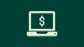 White Laptop with dollar icon isolated on green background. Sending money around the world, money transfer, online banking, financial transaction. 4K Video motion graphic animation.