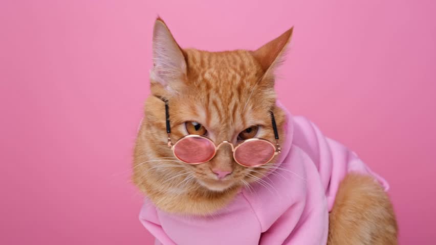 Cute red cat in a pink sweater and sunglasses sitting on a pink background. Funny cat in clothes. Royalty-Free Stock Footage #1101957403