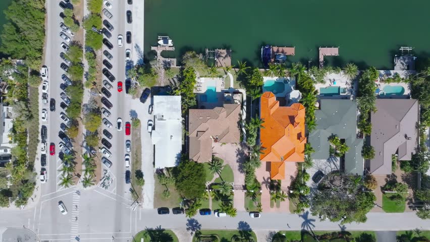 Overhead view of exorbitant waterfront properties in Lido Key, Florida