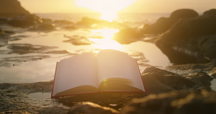 Close-up open book and bright sunset light. Reading education concept. Cinematic magical ocean beach. Scriptures Holy Bible.