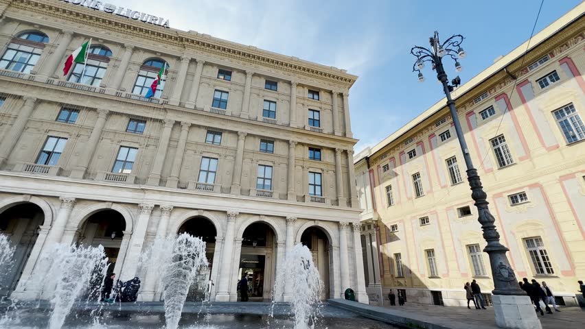 Video of Genoa with Piazza De Ferrari with fountain, San Lorenzo Cathedral, Porto Antico, narrow alleys, Annunziata, Royal Palace, Via Garibaldi, Spianata Castelleto with sunset. 
