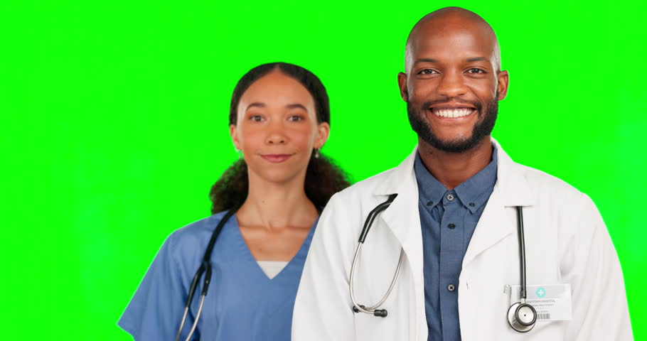 Medical, team and nurse with doctor in green screen studio for healthcare, support and pride. Medicine, trust and smile with portrait of black man and woman on background for wellness and clinic | Shutterstock HD Video #1101963115