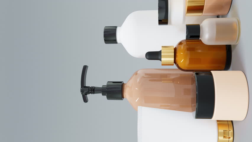 Group of different beige and brown glass and plastic cosmetic bottles and jars moving from camera vertical shot 3D render. 3D Illustration | Shutterstock HD Video #1101964535