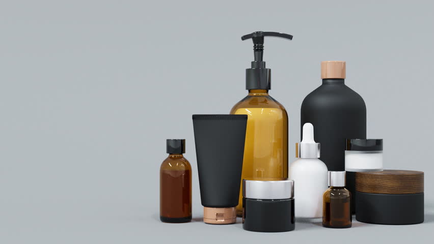 Group of different black and gold glass and plastic cosmetic bottles and jars 3D render. 3D Illustration | Shutterstock HD Video #1101964547