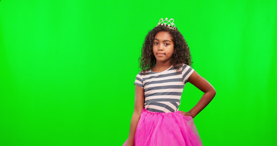 Magic wand, princess and girl with costume, green screen and happiness against a studio background. Portrait, female child and young person with royal aesthetic, fairytale outfit and kid with joy