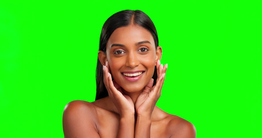 Happy beauty, green screen face and woman with luxury facial cosmetics, natural makeup and skincare glow. Dermatology portrait, self care wellness and female chroma key model on studio background | Shutterstock HD Video #1101967215