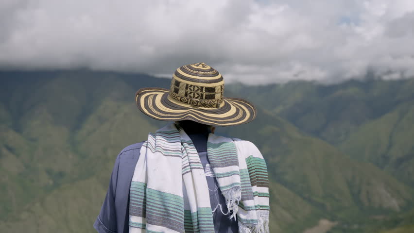 Colombian farmer with his hat looks at the majestic mountains in the distance, surrounded by lush green farmlands, symbolizing the vital role of nature in his livelihood in Llanos Orientale, Colombia. Royalty-Free Stock Footage #1101971019
