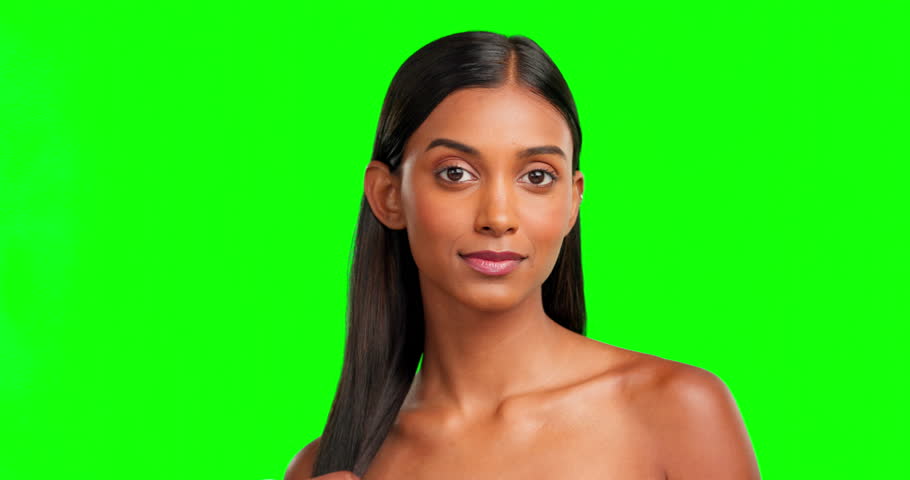 Brush hair, woman and green screen portrait of a young female with self care. Isolated, studio background and person with grooming, wellness and haircut dye treatment feeling relax with brushing | Shutterstock HD Video #1101974743