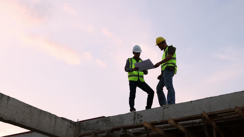 Construction engineers discussing project at construction site, Building construction collaboration concept, Video 4k slow motion. Royalty-Free Stock Footage #1101976589