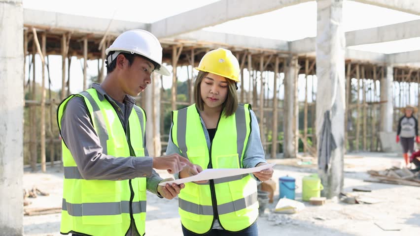 Construction engineers discussing project at construction site, Building construction collaboration concept, Video 4k slow motion. Royalty-Free Stock Footage #1101976591