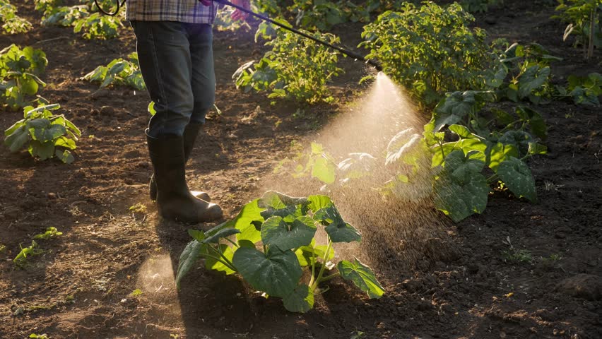 Plantation field working farmer spraying pesticide sprayer garden farm. Backyard vegetable garden spraying crop protection plant care. Agriculture fertilizer spraying insecticide. Fungicide. Herbicide