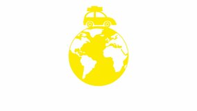 Animated car drives around the planet. yellow vintage car with baggage rides. Looped video. Travel concept by car. Trip around the world. Flat vector illustration isolated on white background.