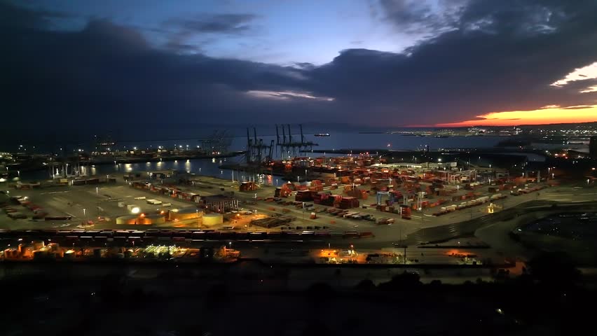 Aerial View of Pacific Container Terminal and San Pedro Bay, Long Beach CA after Sunset