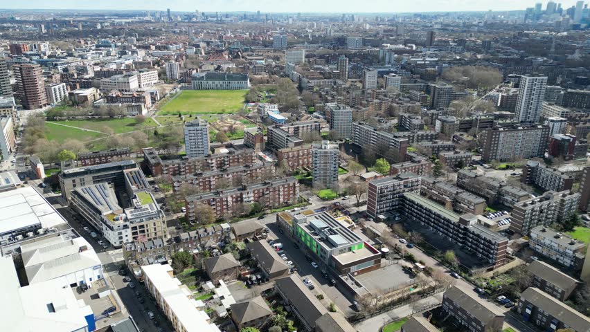 Housing estates Shoreditch Hackney London UK panning Drone, Aerial, Royalty-Free Stock Footage #1101989705