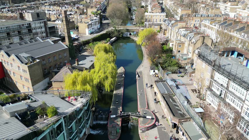 Regents canal Islington London UK rising drone aerial view Royalty-Free Stock Footage #1101989933