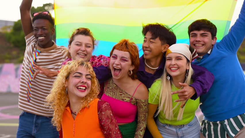Group of young multiracial people having fun at LGBT pride parade Royalty-Free Stock Footage #1101991723