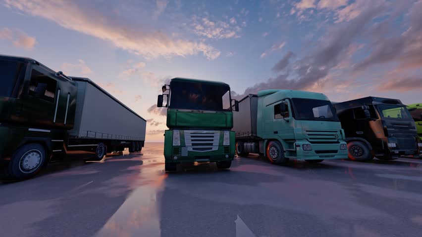 Fleet of trucks with semi-trailers against the backdrop of the sun's rays. Large selection of different types and colors of truck models in a row at the truck stop. The concept of transport industry.