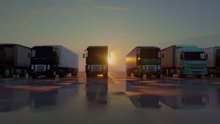 Fleet of trucks with semi-trailers against the backdrop of the sun's rays. Large selection of different types and colors of truck models in a row at the truck stop. The concept of transport industry. Royalty-Free Stock Footage #1101994403