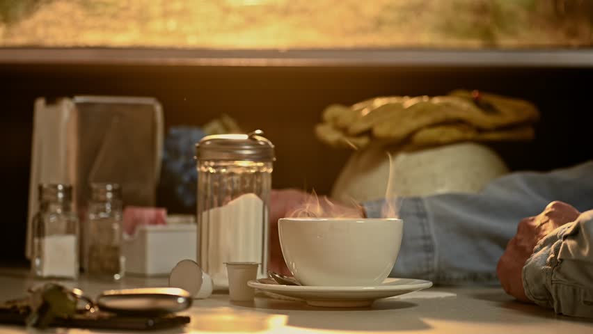A construction worker add sugar to his steaming hot cup and saucer of coffee with steam rising as the light from the sun rises through the dirty window of a diner. Royalty-Free Stock Footage #1101995537