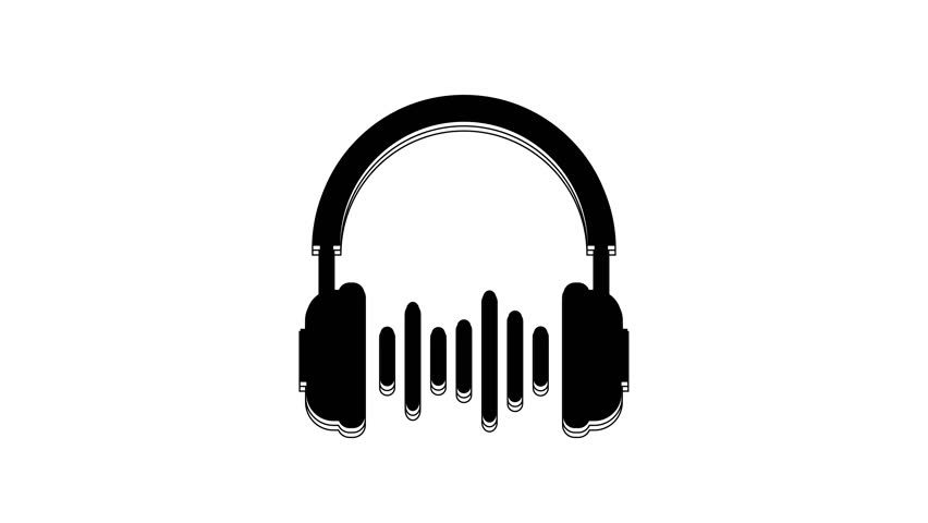 Black Headphone and sound waves icon isolated on white background. Concept object for listening to music, service, communication and operator. 4K Video motion graphic animation.