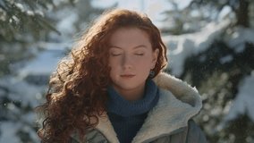 A young red-haired woman stands with her eyes closed and enjoys the fresh air of the winter forest. Pretty woman in winter clothes looks at the camera while standing against the backdrop of a snowy