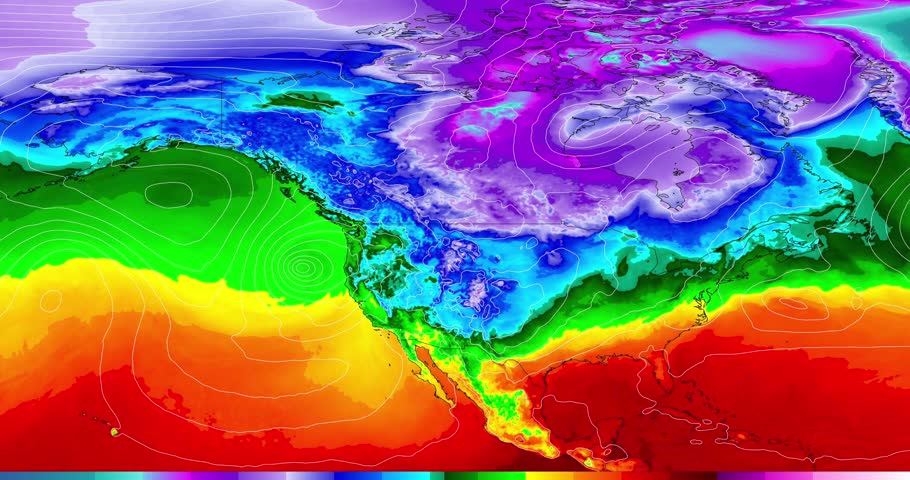 North American temperature weather map shows the temperatures in different regions, with warmer temperatures shown in red or orange and cooler temperatures shown in blue or purple.  Royalty-Free Stock Footage #1102002037