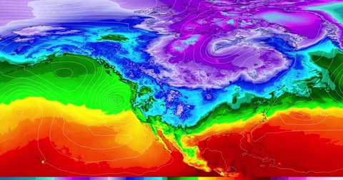 North American temperature weather map shows the temperatures in different regions, with warmer temperatures shown in red or orange and cooler temperatures shown in blue or purple.  Adlı Stok Video