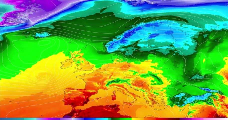 Europe temperature weather map shows the temperatures in different regions, with warmer temperatures shown in red or orange and cooler temperatures shown in blue or purple.  | Shutterstock HD Video #1102002039